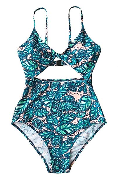 ROVLET 2019 Women's Leaves Print Cut Out One Piece Bowknot High Waist Halter Padding Swimsuit Beach Swimwear Bathing Suit