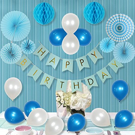 34 Pcs White and Blue Party Decorations for Boy, Paper Fan flower, Happy Birthday Banner, Paper Honeycomb Balls ,Balloons For Birthday, Boy 1 st Birthday Party Decorations