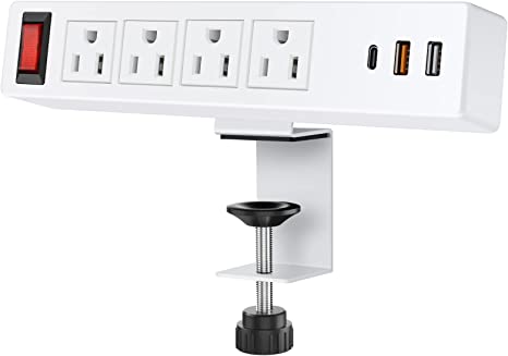 VILONG White Desktop Edge Power Strip,Removable Clamp Power Outlet Socket 4AC Outlests,2 USB-A Ports,1 USB-C Port,6.5 ft Extension Cord with Switch for Home Office Reading