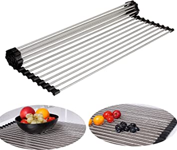 Ahyuan Roll up Dish Drying Rack Over The Sink Dish Drying Rack Dish Rack Over Sink Rolling Rack Dish Racks for Kitchen Counter (15.8''Wx20.5''L, Matte Black)