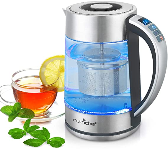 Hot Water Boiler Glass Kettle-Digital 1.7L Portable Easy Pour Teapot Electric Coffee Brewer Stainless Steel Inner Pot Filter, Adjustable Temperature Control,60 Mins Keep Warm- NutriChef PKWTK75.5