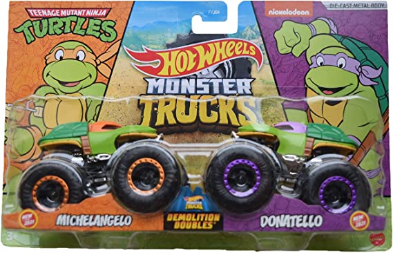 Hot Wheels Monster Trucks Demolition Doubles 1:64 Die-Cast 2-pack Teenage Mutant Ninja Turtles Michelangelo vs Donatello