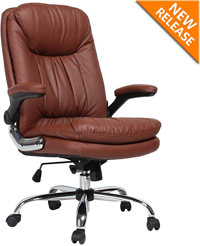 B2C2B Ergonomic Office Chair - High Back Desk Chair with Flip-Up Arms and Comfy Thick Cushion Leather Computer Chair Big and Tall 350LBS Brown
