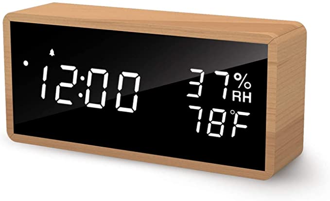 Digital Alarm Clock for Bedrooms, LED Display Desk Clock, Time Temperature Humidity, 3 Sets of Alarms, LED Sound Wake Up Function,Beech