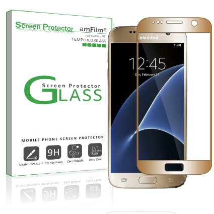 Galaxy S7 Screen Protector Glass (Full Screen Coverage), amFilm Bye-Bye-Bubble Samsung Galaxy S7 Gold Tempered Glass Screen Protector [Case-Friendly] AT&T Verizon 2016 [Lifetime Warranty][Gold]