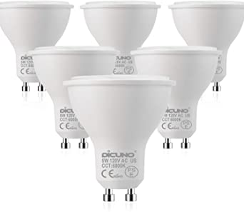 DiCUNO GU10 LED Bulbs 5W Daylight White, 6000K, 500lm, 45 Degree Beam Angle, Spotlight, 50W Halogen Bulbs Equivalent, Non-dimmable MR16 LED Light Bulbs, 6-Pack