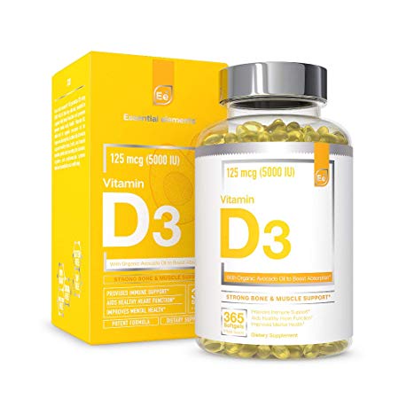 Vitamin D3 5000 IU Softgels with Organic Avocado Oil to Boost Absorption - Essential Elements | Strong Bone & Muscle, Immune Support 1-Year Supply