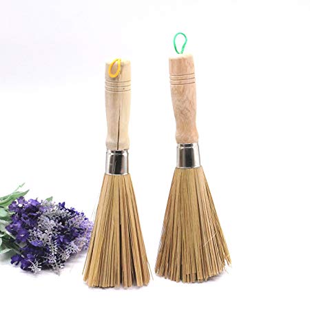 IDS Bamboo Kitchen Wok Brush fpr Pan Pot Cleaning Brush With Long Wooden Handle, Pack of 2