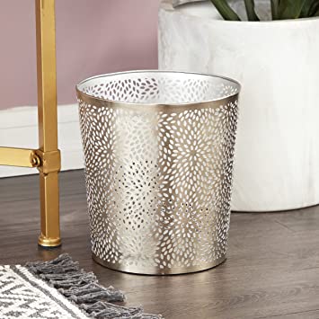 CosmoLiving by Cosmopolitan 49689 Small, Round, Glam Style Metallic Silver Pierced Metal Waste Basket with Chrysanthemum Pattern | 9” x 10”