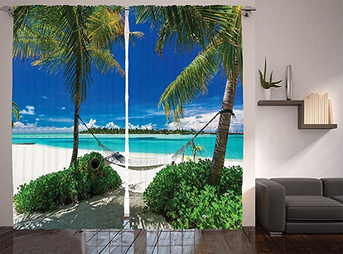 Ambesonne Beach Hammock Decor Collection, Hammock Palm Trees Tropical Beach Scenic Coastline Picture Print, Window Treatments, Living Room Bedroom Curtain 2 Panels Set, 108 X 84 Inches, Ecru Aqua Blue