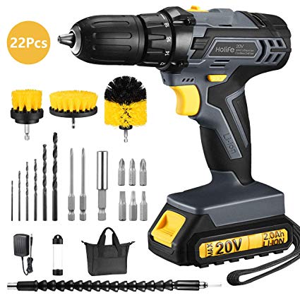 Holife 20V Cordless Drill 2.0Ah Lithium-ion Battery Drill/Driver, Compact Drill Kit with LED, 2-speeds, 18 1 Torque Settings,3 Drill Brushes, Portable Tool Bag, 22PCS Accessories