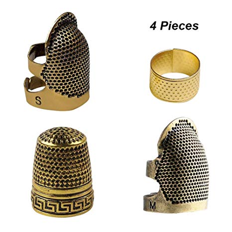 4 Pieces Sewing Thimble, Metal Copper Sewing Thimble Finger Protector Adjustable Finger Shield Ring Fingertip Thimble Sewing Quilting Craft Accessories DIY Sewing Tools