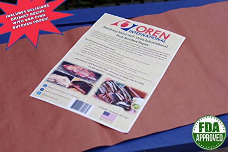 Oren International FDA-Approved Pink Butcher Paper Sheets 18" x 36" - The Original Meat-Smoking Paper for Texas-Style BBQ (12 sheets in resealable envelope)
