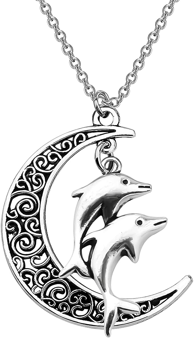 BEKECH Dolphin Lover Gift Jumping Dolphin Charm Crescent Moon Necklace for Sea Animal Dolphin Ocean Animal Lovers Save a Dolphin Theme Gift for Her
