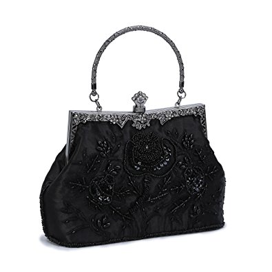 Chichitop Women's Elegant Rose Embroidered Beaded Sequin Evening Clutch Large Wedding Party Purse Vintage Bags
