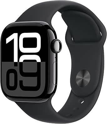 Apple Watch Series 10 [GPS 42mm] with Jet Black Aluminium Case with Black Sport Band - S/M. Fitness Tracker, ECG App, Always-On Retina Display, Water Resistant