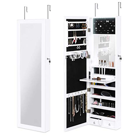 Best Choice Products Full Length Hanging Mirror Jewelry Armoire Cabinet, Makeup Storage Organizer for Door or Wall Mount w/Interior Mirror, LED Lights, Lock, Cosmetics Tray, Brush Holders, 4 Shelves