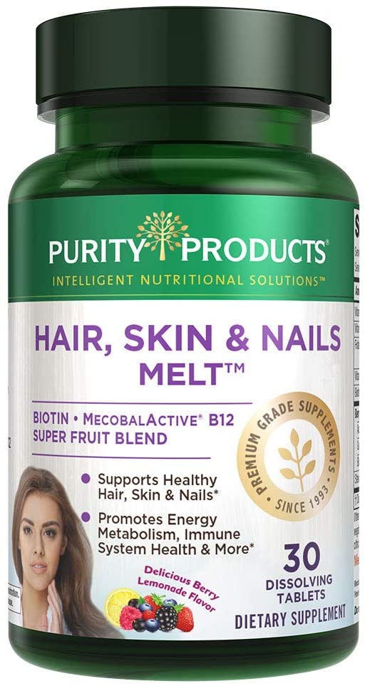 Hair, Skin   Nails Melt by Purity Products - 1000mcg B-12   2500mcg Biotin Energy Berry Melt - Delicious Berry Lemonade Flavor w/ Super Fruits - B12 Methylcobalamin - 30 Melting Tablets