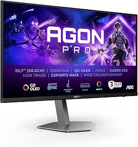 AOC Agon Pro AG276QZD2 - 27-inch QHD OLED Monitor, 240 Hz, 0.03 ms GtG, FreeSync Premium Pro, G-Sync, HDR400 (2560x1440, 2X HDMI 2.1, DisplayPort, USB Hub) Black