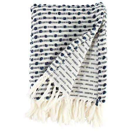 Rivet Bubble Textured Lightweight Decorative Fringe Throw Blanket, 47.7"W x 60"L, Navy and Cream