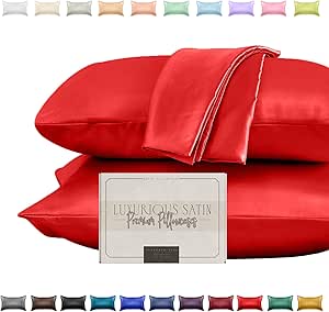 Elegant Comfort Silky and Luxurious 2-Piece Satin Pillowcase Set for Healthier Skin and Hair, Hidden Zipper Closure and Beautifully Packaged, Satin Pillowcase Set, Standard/Queen, Red