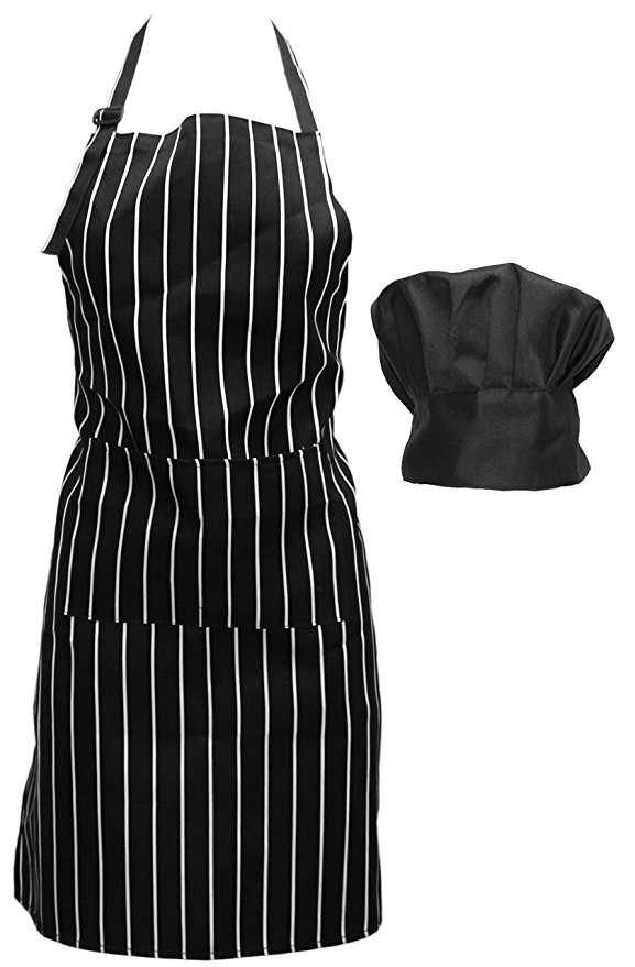 Chef's Apron & Hat Set for Adults, Black & White Pinstripe (2 Piece) One Size