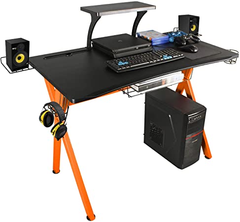 lazzo Stylish 41.7"Multifunction Gaming Desk Music Workstation With Removable Display Support Plate,Cup Holder and Headphone Hook,Storage Basket,For Home Office Bedroom,Orange & Black Design(41"Wx23.5