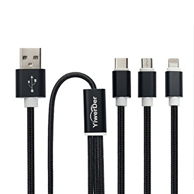 USB Cable,YiwerDer 4FT Metal Lightning Micro Type C 3-in-1 Nylon Braided USB Fast Charging Cable Cord- Black
