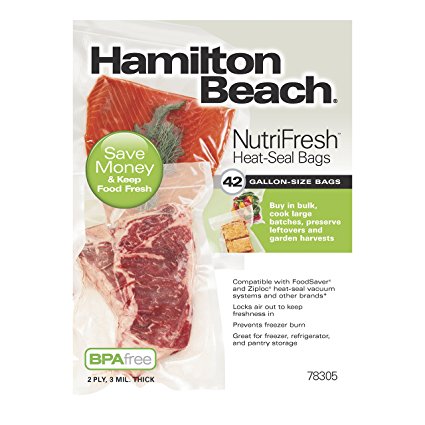 Hamilton Beach Vacuum Sealer, (42-Pack) Gallon-Size Bags for NutriFresh, FoodSaver & Other Heat-Seal Systems (78305)