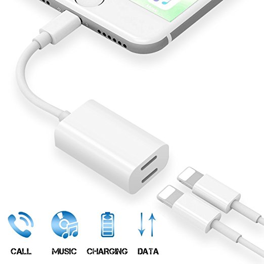 Dual Lightning Adapter Splitter for iPhone 7/7 Plus/8/8 Plus, Sprtjoy Lightning to Dual Lightning Headphone Charge Adapter, Support Call & Music & Charge r& Sync Data for IOS 10.3 Devices (White)