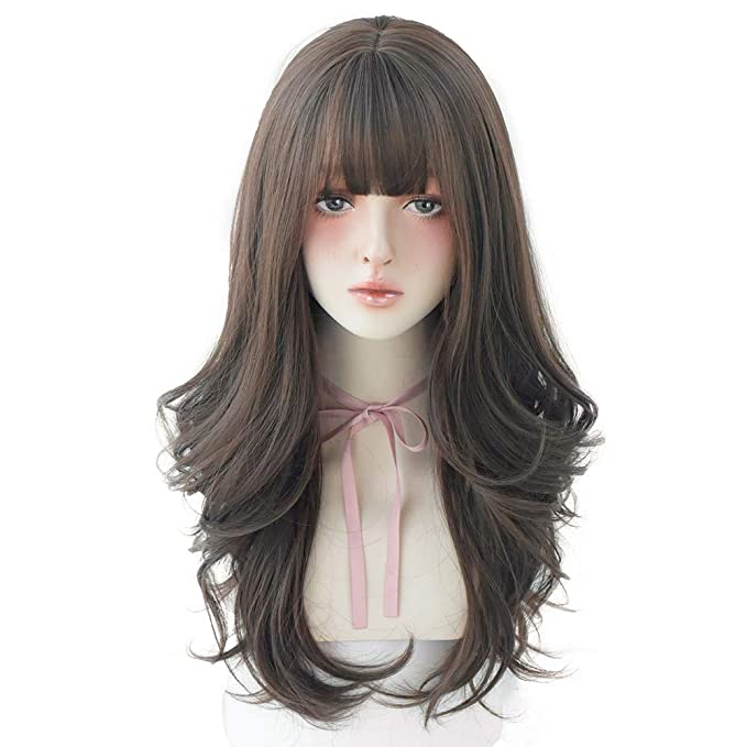 Hair Dye Wig for Women Synthetic Hair Natural Long Curly Wig With Bangs (26inch，Cold brown)