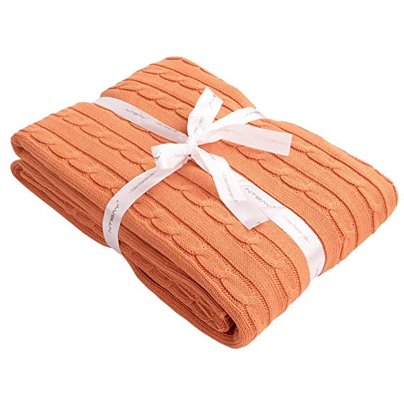 NTBAY 100% Cotton Cable Knit Throw Blanket Super Soft Warm Multi Color (Orange, 130 x 170 cm)