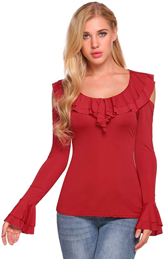 SummerRio Cold Shoulder Ruffle Shirt For Women Round Neck Long Trumpet Sleeve Solid Slim Blouse Top