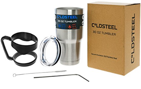 ColdSteel Double Wall Vacuum Insulated Stainless Steel Tumbler with Travel Mug Handle, Straw and Cleaning Brush, 30 oz