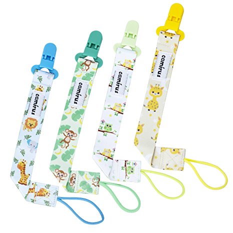 Pacifier Clip - 4 Pack Unisex Baby Soothie Pacifier/Teething Ring Toys Holder - Stylish Animals Pacifier Leash Designs for Boys and Girls Gift Set by CAMIRUS