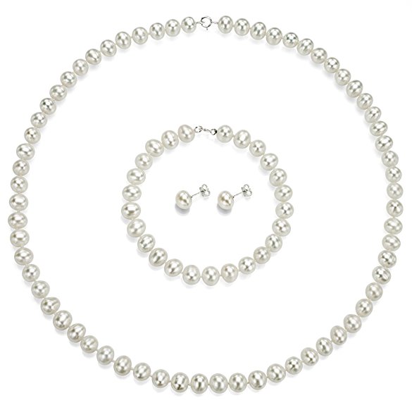 Sterling Silver 7-7.5mm Freshwater Cultured Pearl Necklace 18" , 7" Bracelet and Stud Earrings Set