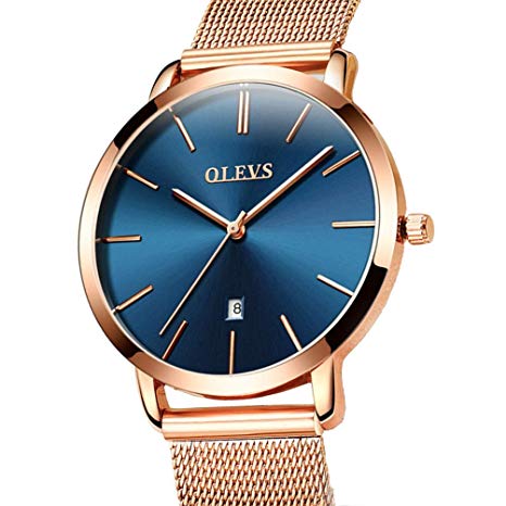 OLEVS Women Ultra Thin 6.5mm Quartz Rose Gold/Black Mesh Steel Wrist Watch with Free Adjust Screwdriver, Waterproof & Date Window