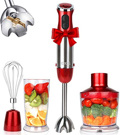 KOIOS Powerful 800W 4-in-1 Hand Immersion Blender 12 Speeds, Includes 304 Stainless Steel Stick Blender, 600ml Mixing Beaker, 500ml Food Processor, and Whisk Attachment, Multi-Purpose, BPA-Free, Red