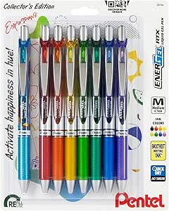 EnerGel RTX Retractable Liquid Gel Pen, Happiness Expressions Pack, 0.7mm, Metal Tip, Medium Line, Assorted Ink, Pack of 8 Pens (BL77XHAPBP8M)