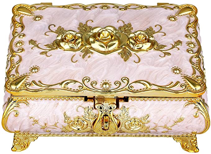 SUNYIK Vintage Enameled Rectangular Decorative Collectible Jewelry Trinket Box for Women, Pink with Golden Rose Flower