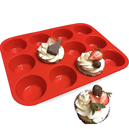 LKE Silicone Cupcake Muffin Quiche Baking Pan 12 Cups Reusable Jello Molds Non-Stick Cupcakes Liners Bakeware Supplies(1 piece)