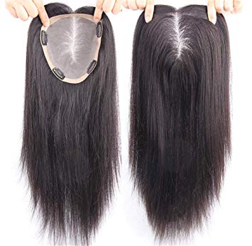 Free Parting Human Hair Clip in Toppers for Women, 6"x 6.7" Large Mono Crown Topper Hairpieces for Thinning Hair, 12" Dark Brown