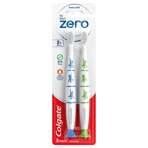 Colgate Zero Kids Toothbrush with Extra Soft Bristles and Suction Cup Holder, BPA Free - 2 Count