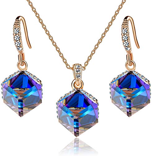 EVEVIC Colorful Cubic Swarovski Crystal Pendant Necklace Earrings for Women 14K Gold Plated Hypoallergenic Jewelry Set
