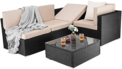 PAMAPIC 5 Pieces Patio Furniture，Outdoor Rattan Sectional Sofa Conversation Set with Tea Table and Washable Cushions, Beige