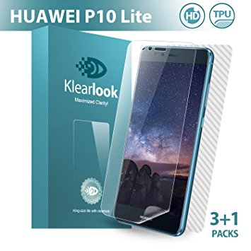 Huawei P10 Lite Screen Protector, Klearlook 3-Pack [Full Coverage] Clear TPU Screen Protector [Not Glass] with[Edge to Edge Cover]Screen Film for Front   Carbon Fibre Skin for Back for Huawei P10 Lite