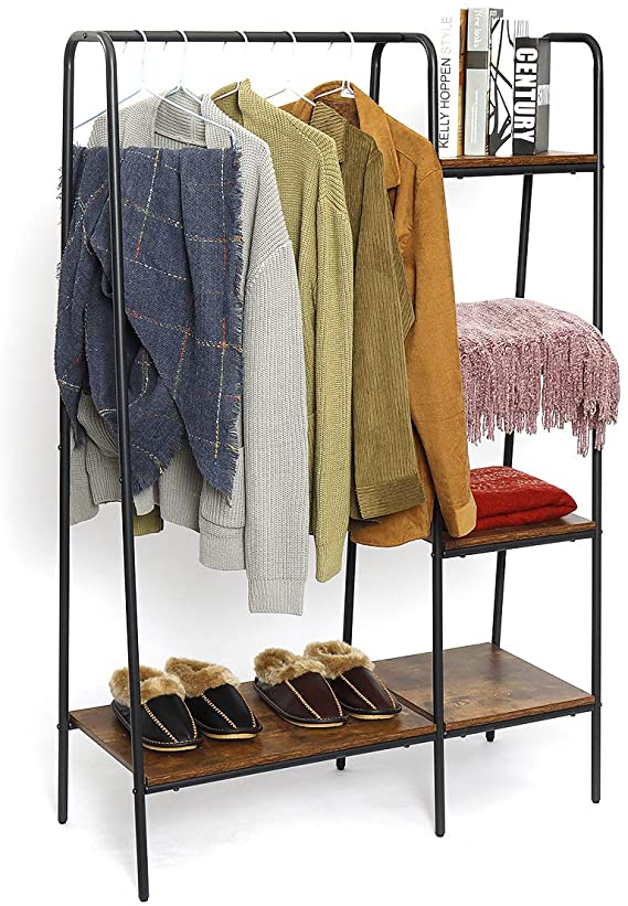 KINGSO Metal Clothing Garment Rack with Multi Wood Shelves, Multi Functional, Simple Style, Black and Dark Brown