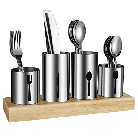 Silverware Holder,HabiLife Utensil Holder with Caddy Silverware Container for Spoons ,Knives ,Forks Silverware Display Organizer Kitchen Dinner Table,Stainless Steel with Bamboo Wood Base