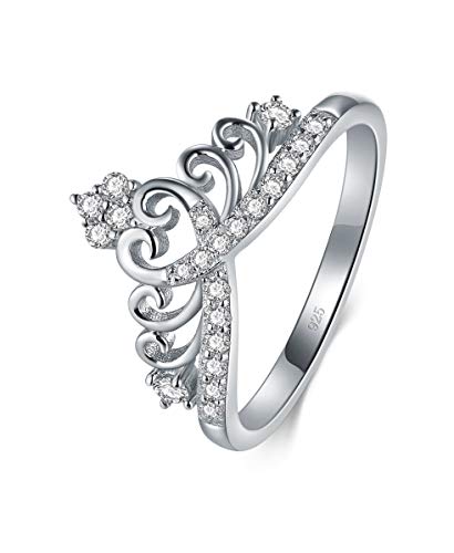 BORUO 925 Sterling Silver Cubic Zirconia Princess Crown Tiara Wedding Cz Band Eternity Ring 4-12