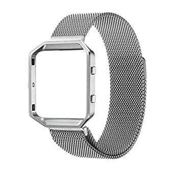 For Fitbit Blaze Band With Metal Frame, Wearlizer Milanese Loop Smart Watch Band Replacement Stainless Steel Bracelet Strap for Fitbit Blaze - Silver Large